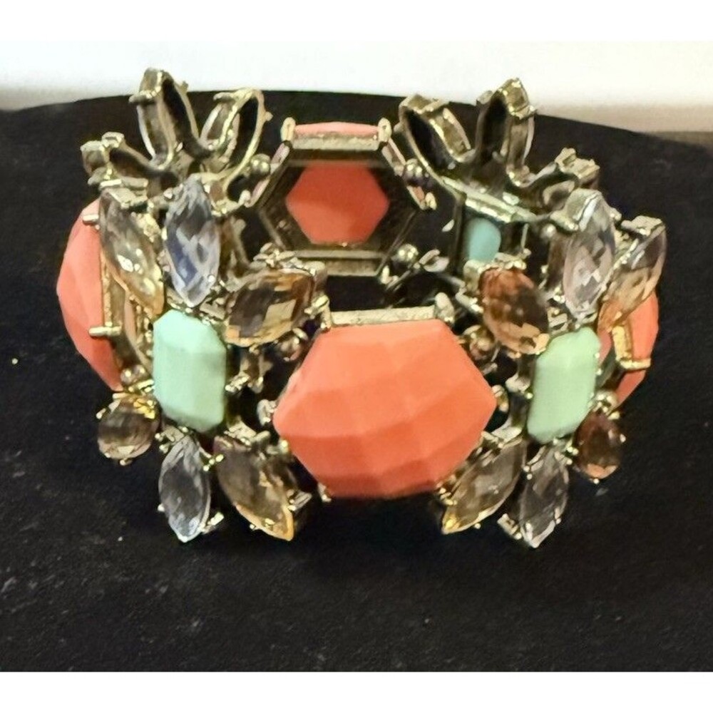 VTG Large J Crew  Gold Tone, Orange And Rhinestone Starburst Stretch Bracelet